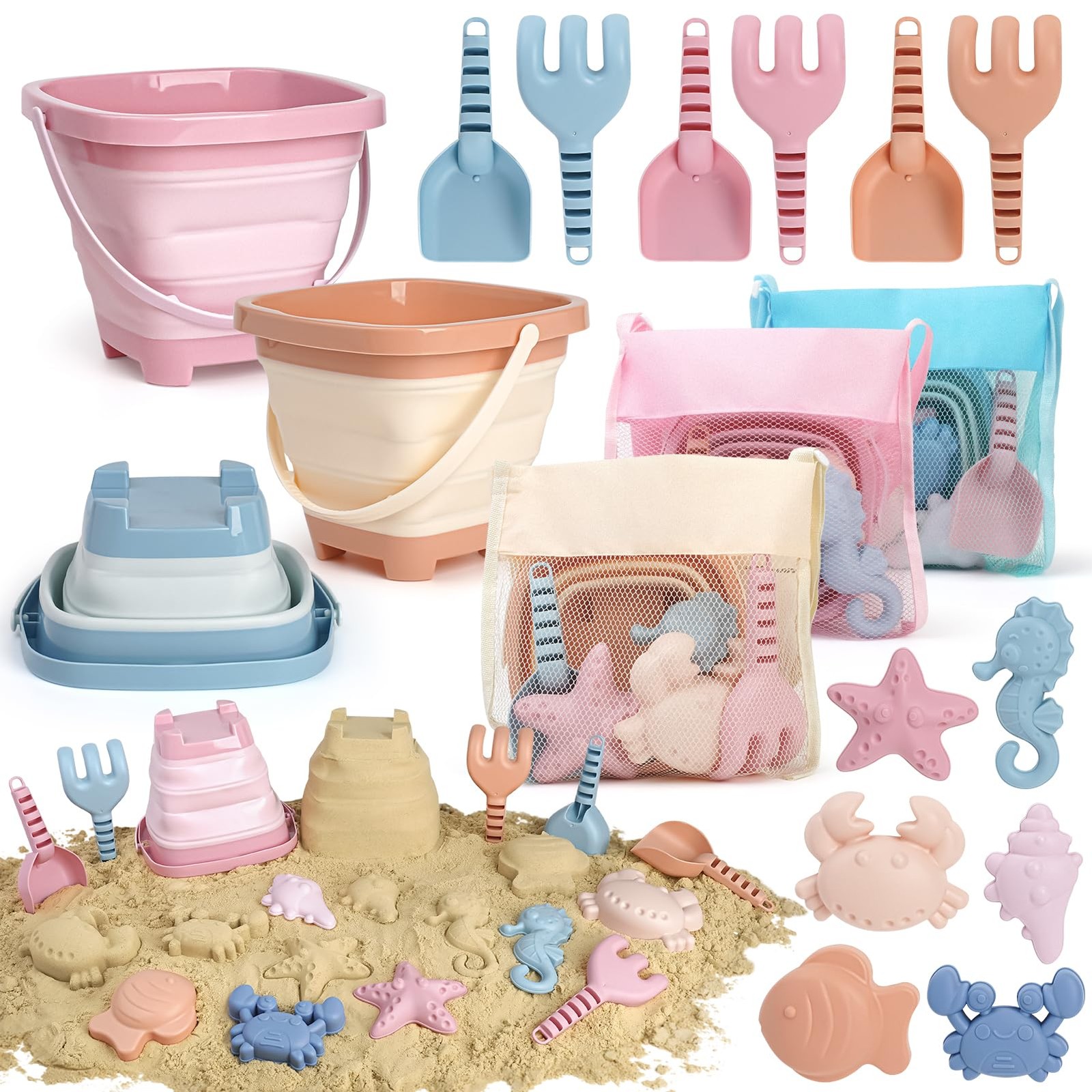 Dreamon Beach Toys Set for Kids 3-10, Collapsible Compact, Pink/Orange/Blue