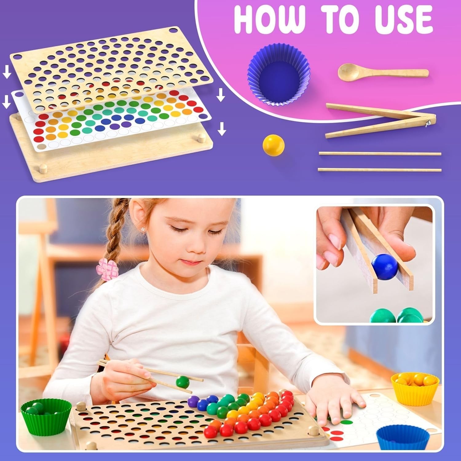 Rainbow Clip Beads Wooden monstessori Board