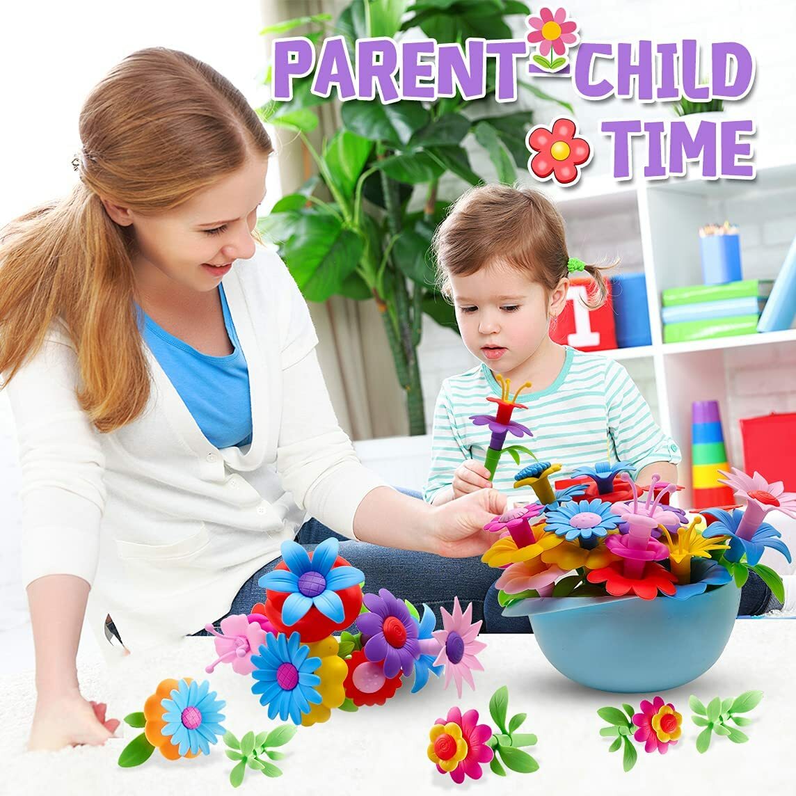 104 Pcs Flower Garden Building Toys with Carrying Case and Watering Can
