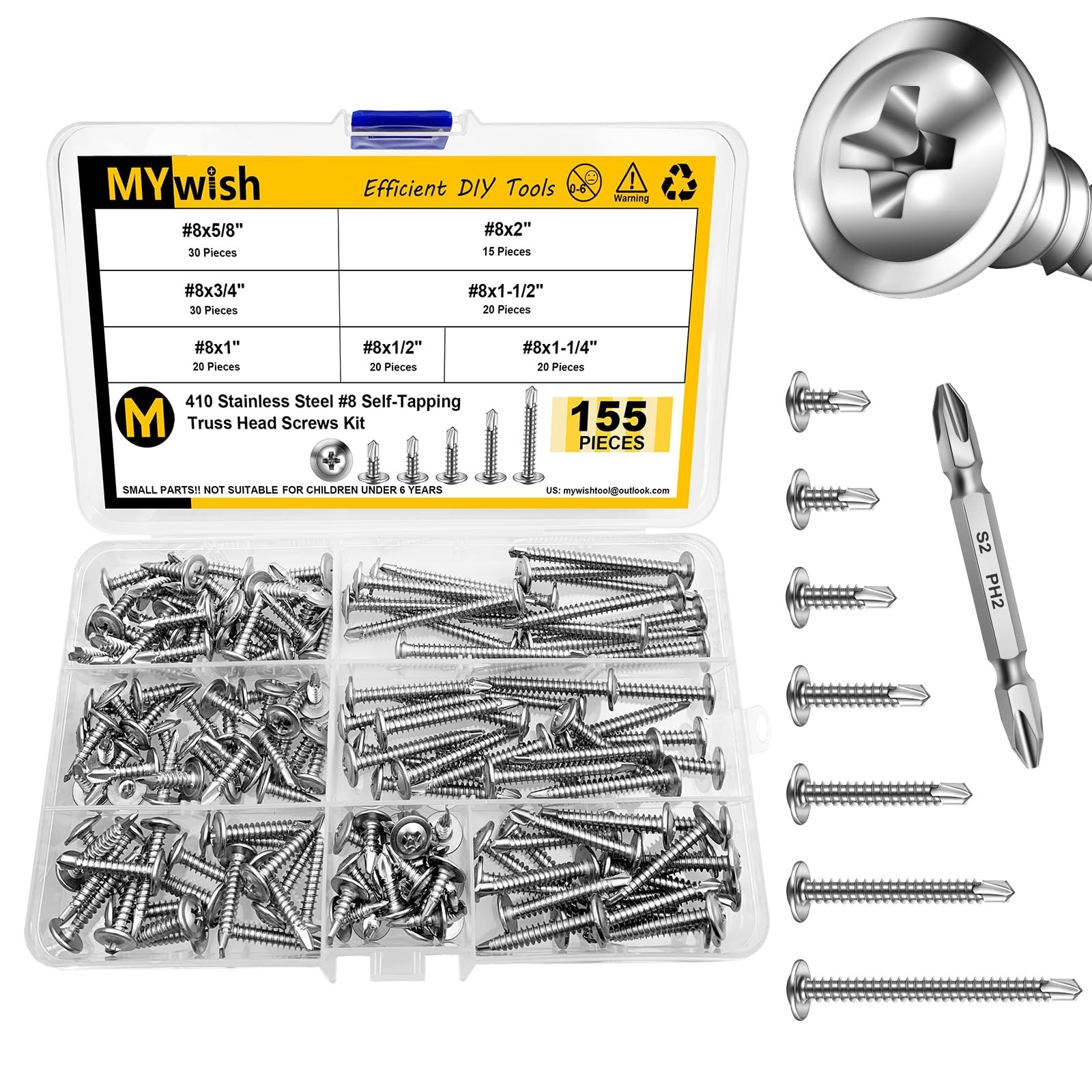 Mywish 155 Pieces #8×1/2, 5/8″, 3/4″, 1″, 1-1/4″, 1-1/2″, 2″ Self Tapping Scr…
