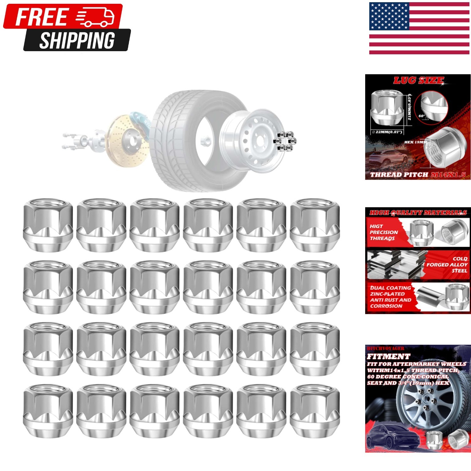 M14×1.5 Open-End Lug Nuts with 60 Degre Conical Seat,Galvanized, 3/4″ Hex (0.83