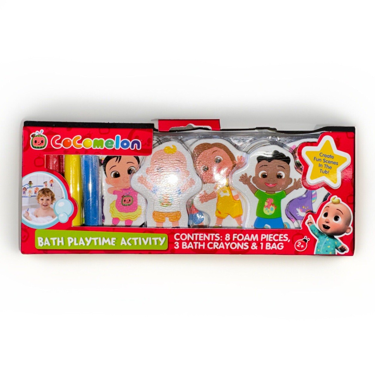 2 Sets Cocomelon Bath Playtime Activity: 16 Foam Pieces, 6 Bath Crayons, 2 Bags