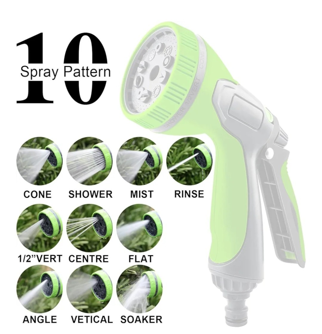 Garden Hose Nozzle Sprayer Heavy Duty, 10 Adjustable Watering Patterns – Green