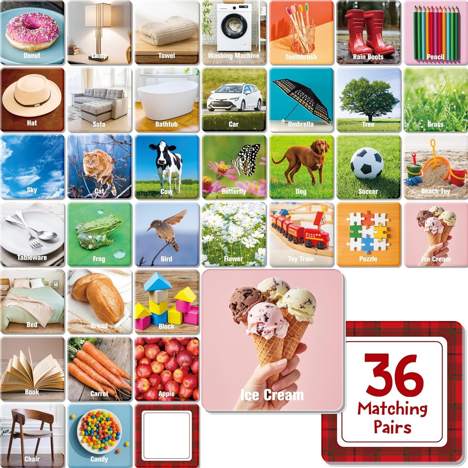 72 PCS Daily Items Matching Game, 36 Designs Everyday Objects Memory Cards En…