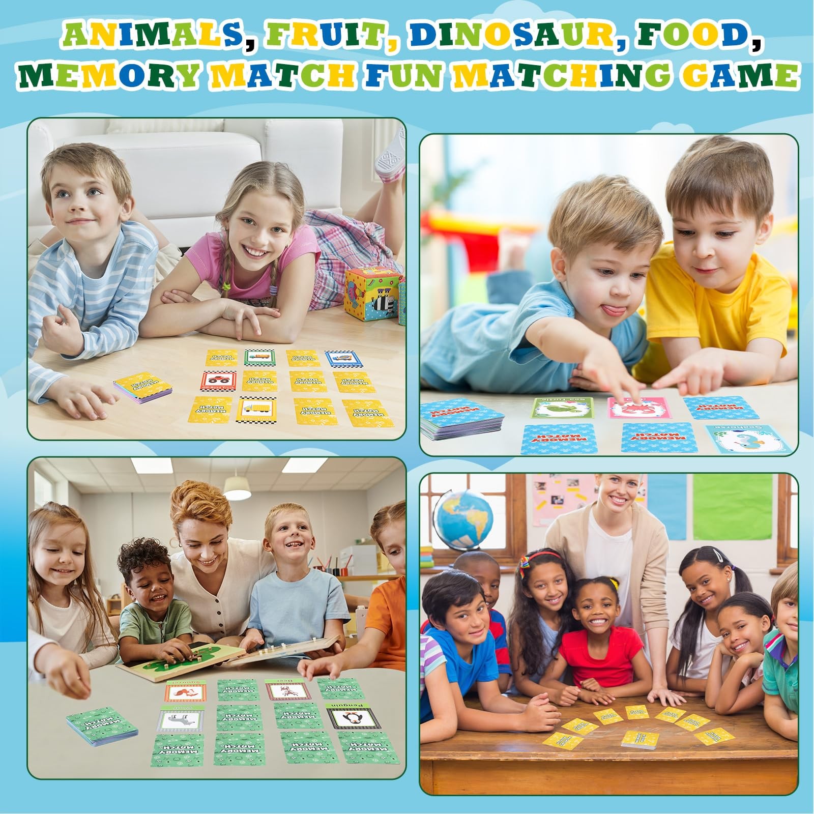 Memory Matching Game 4 Sets with 49 Cards – Animal, Fruit, Dinosaur, Food Themes