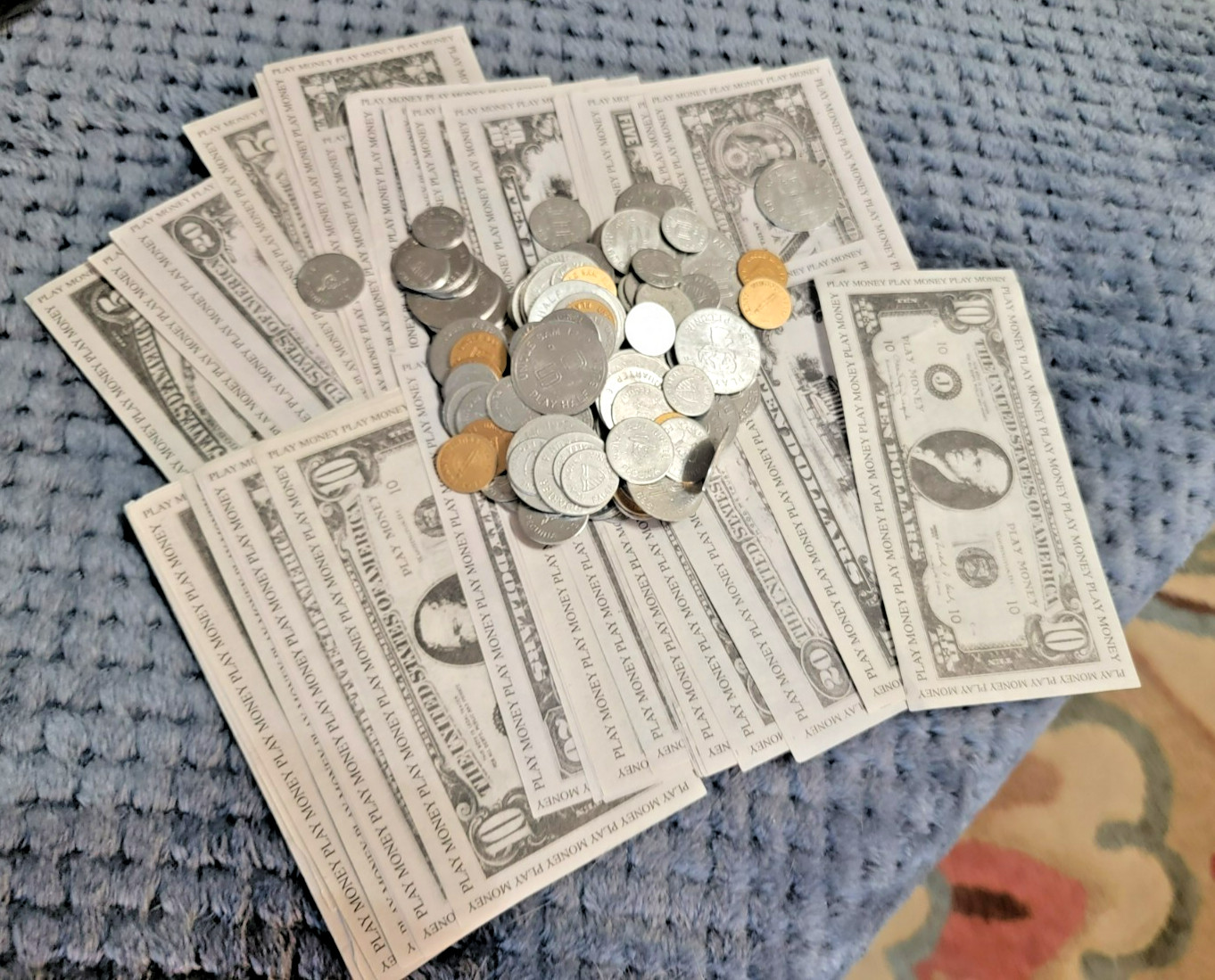 large set of play paper money bills and METAL play coins