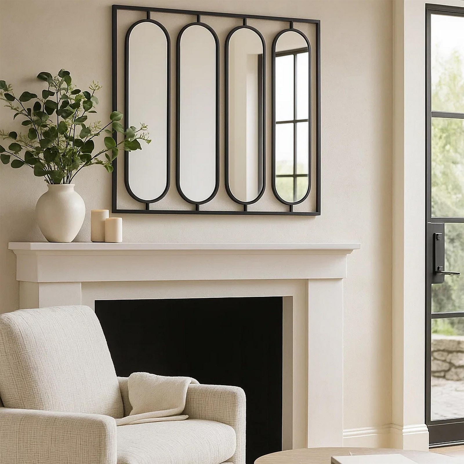 Benjara 36″ Modern Wall Decor- 4 Swiveling Oblong Mirrors- Black Metal Frame