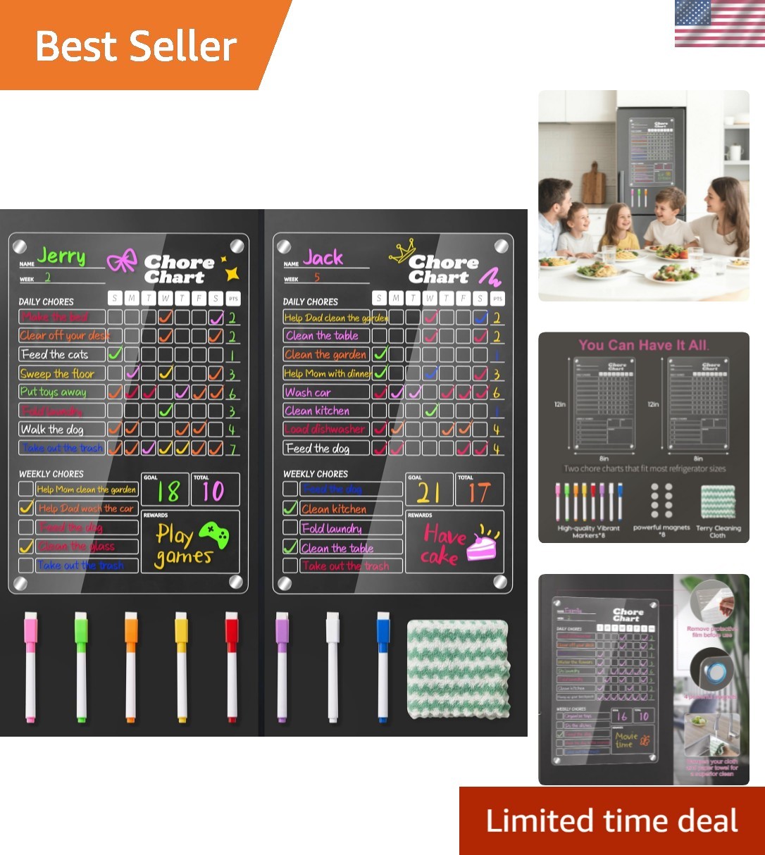 2 pcs Acrylic Magnetic Chore Chart for Kids on Fridge, Chore Board, Dry Erase…