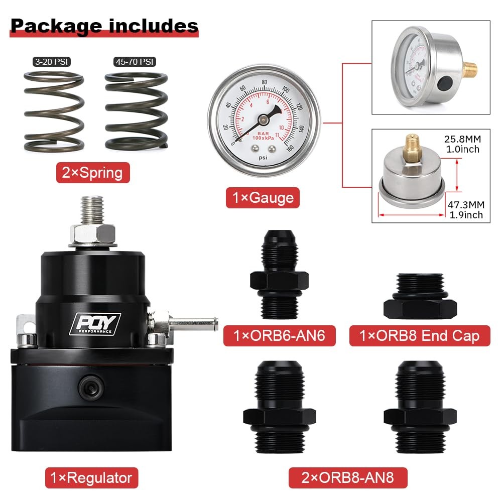 PQY Adjustable EFI Fuel Pressure Regulator Kit 3-70PSI with AN8 Feed black