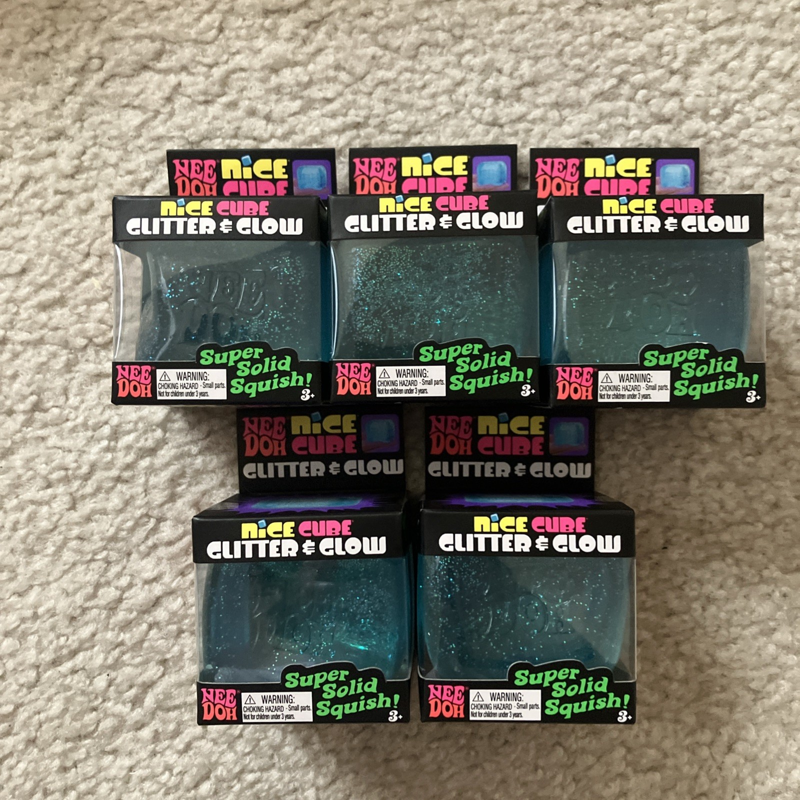 Lot of 5: NeeDoh Nice Cube Glitter & Glow (Blue) squishy Squish Toy Schylling
