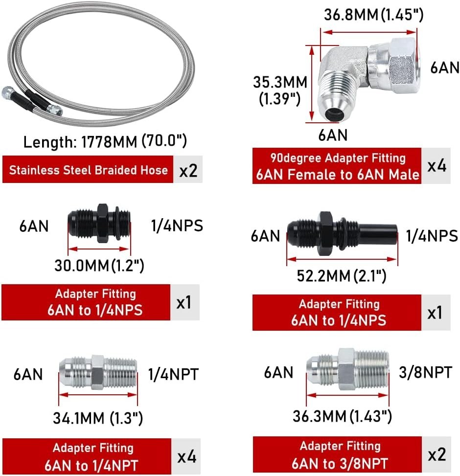 6AN 70″ Transmission Fluid Oil Cooler Hose Line kit for GM 70inch, Silver