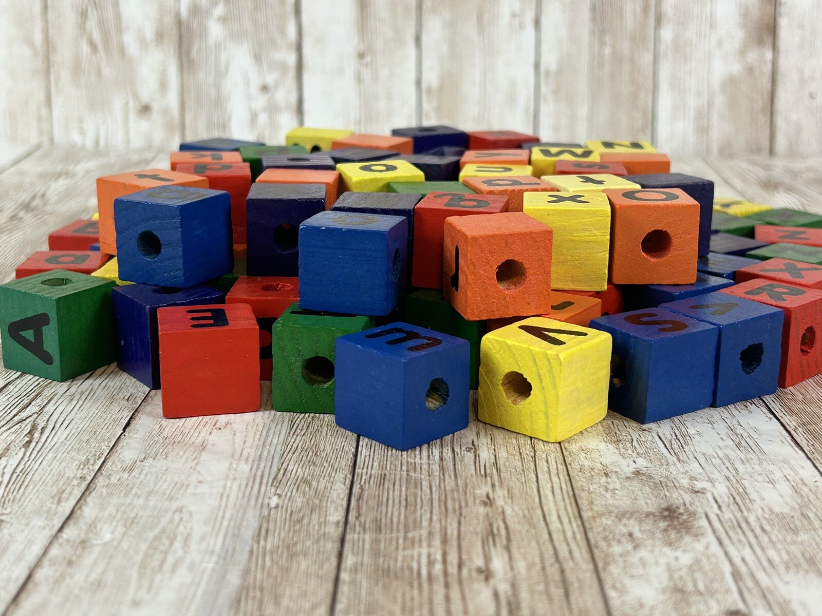 Wooden Alphabet 7/8″ Square Lacing Beads 104 Uppercase Lowercase Letter Alphabet