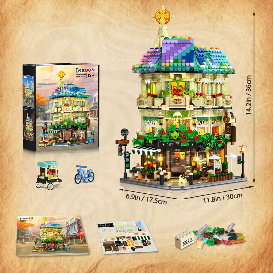 Flower Cafe House Building Block City Street Shop Construction Art Architecture