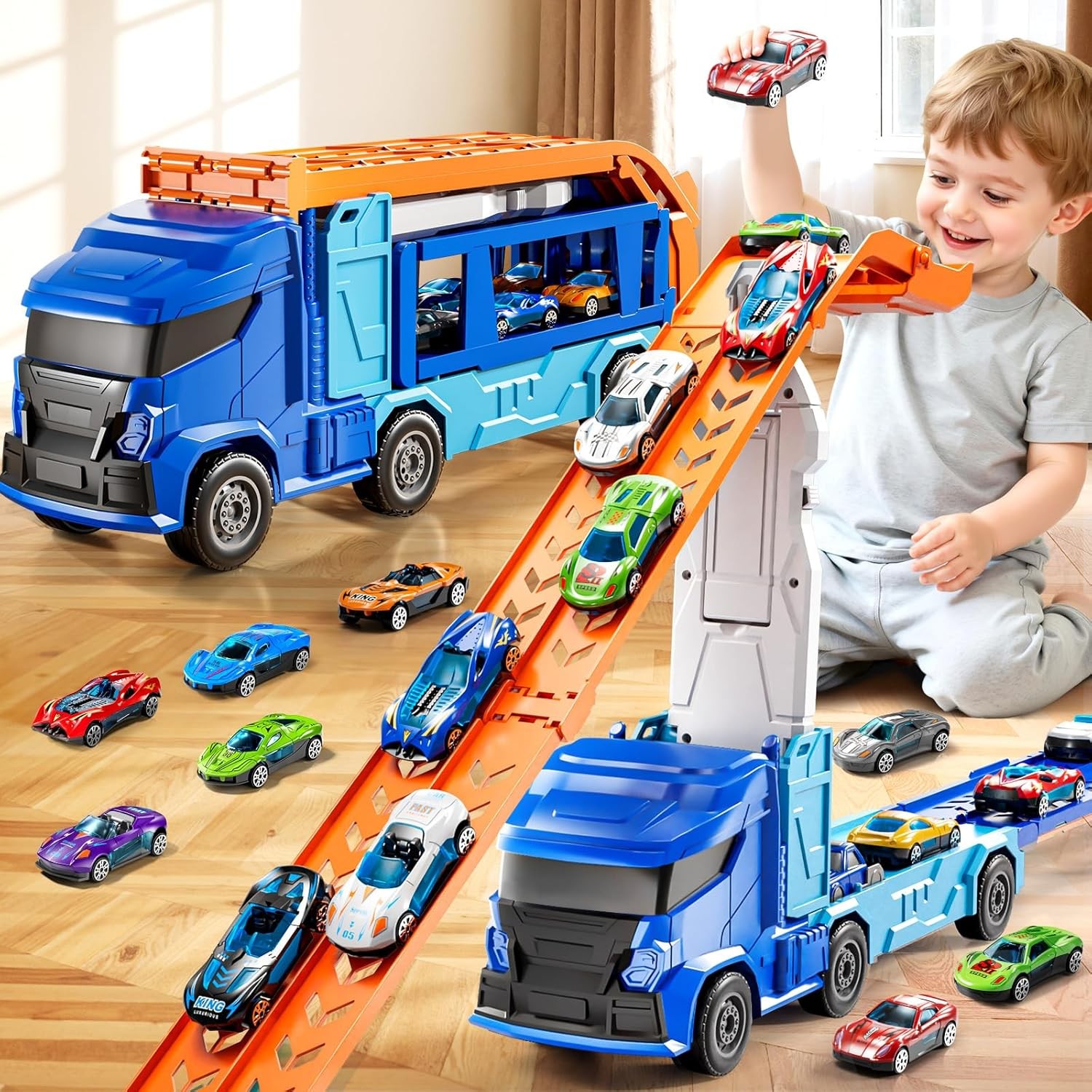 Truck Toys Car Track Set for 3 4 5 6 Years Old Boys, Carrier Truck Transporter C