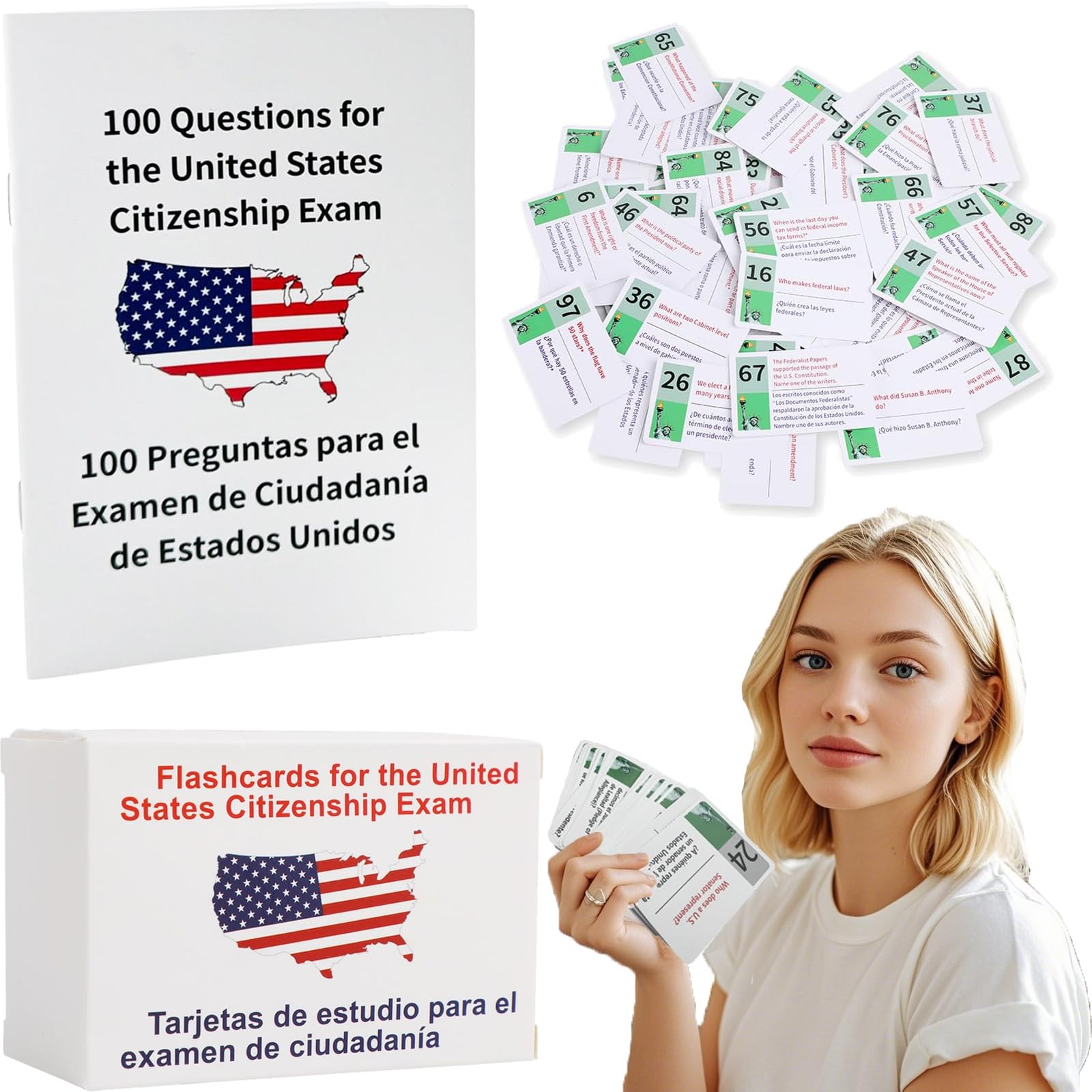 US Citizenship Flash Cards 2026 with Bilingual Booklet 100 cards, White