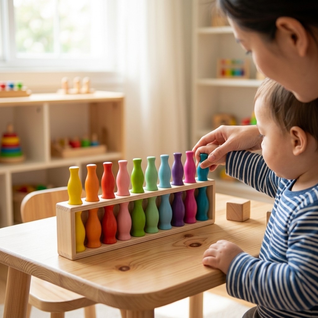 20Pcs Wooden Matching Bottle Toy Set with Base Box Kids Color Sorting Game