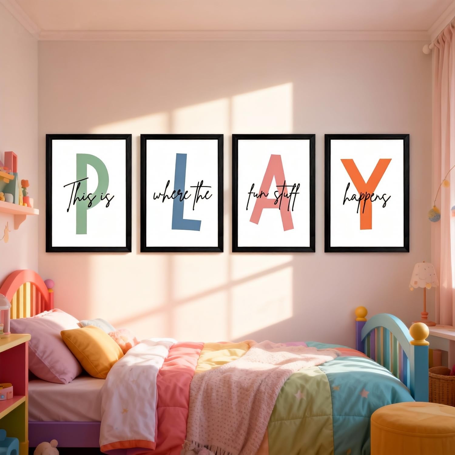 Cute Alphabet Play Framed Wall Art Set of 3, Natural Educational Alphabet Woo…
