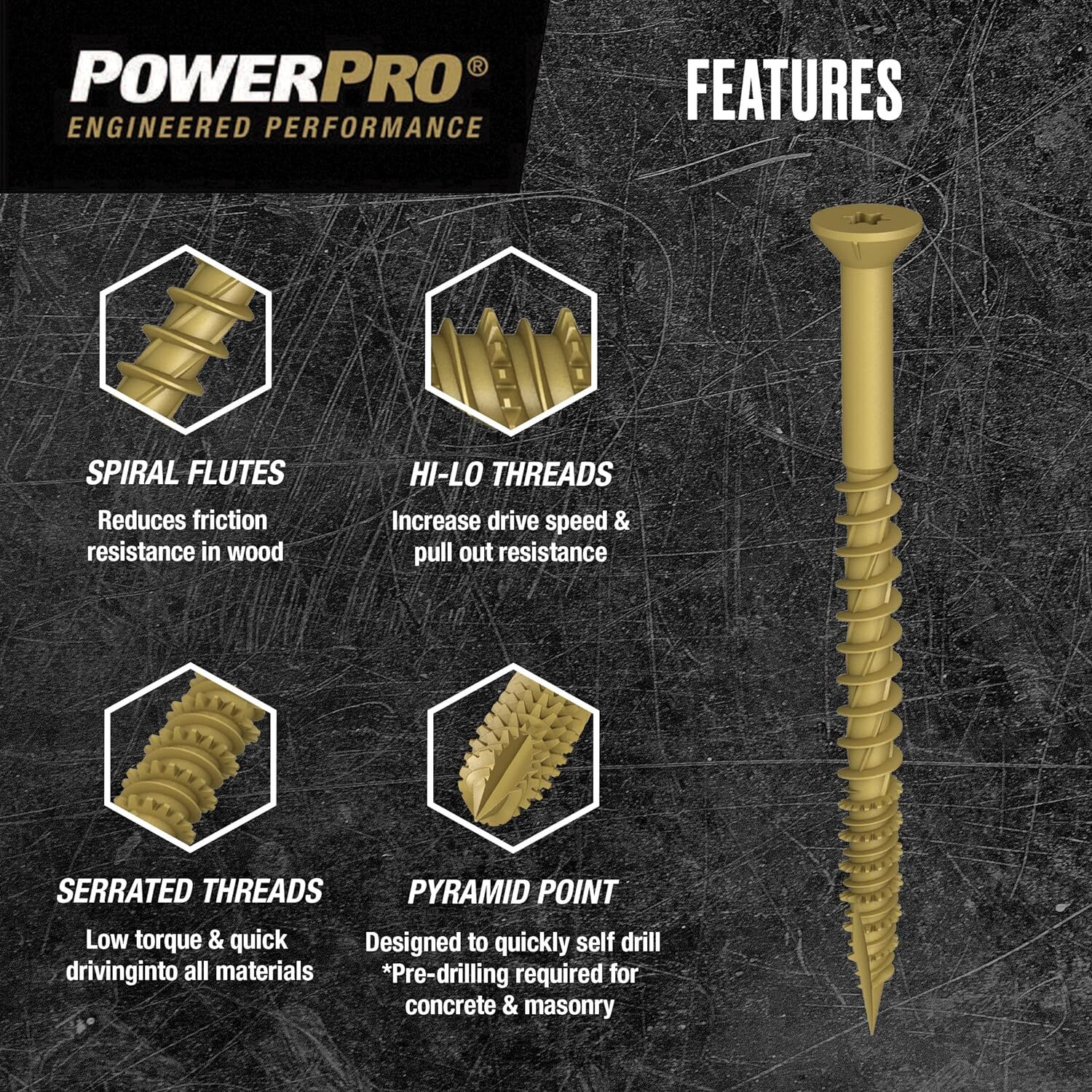 Power Pro Premium One Multi-Material Flat Head Screws, Epoxy Coated Steel,
