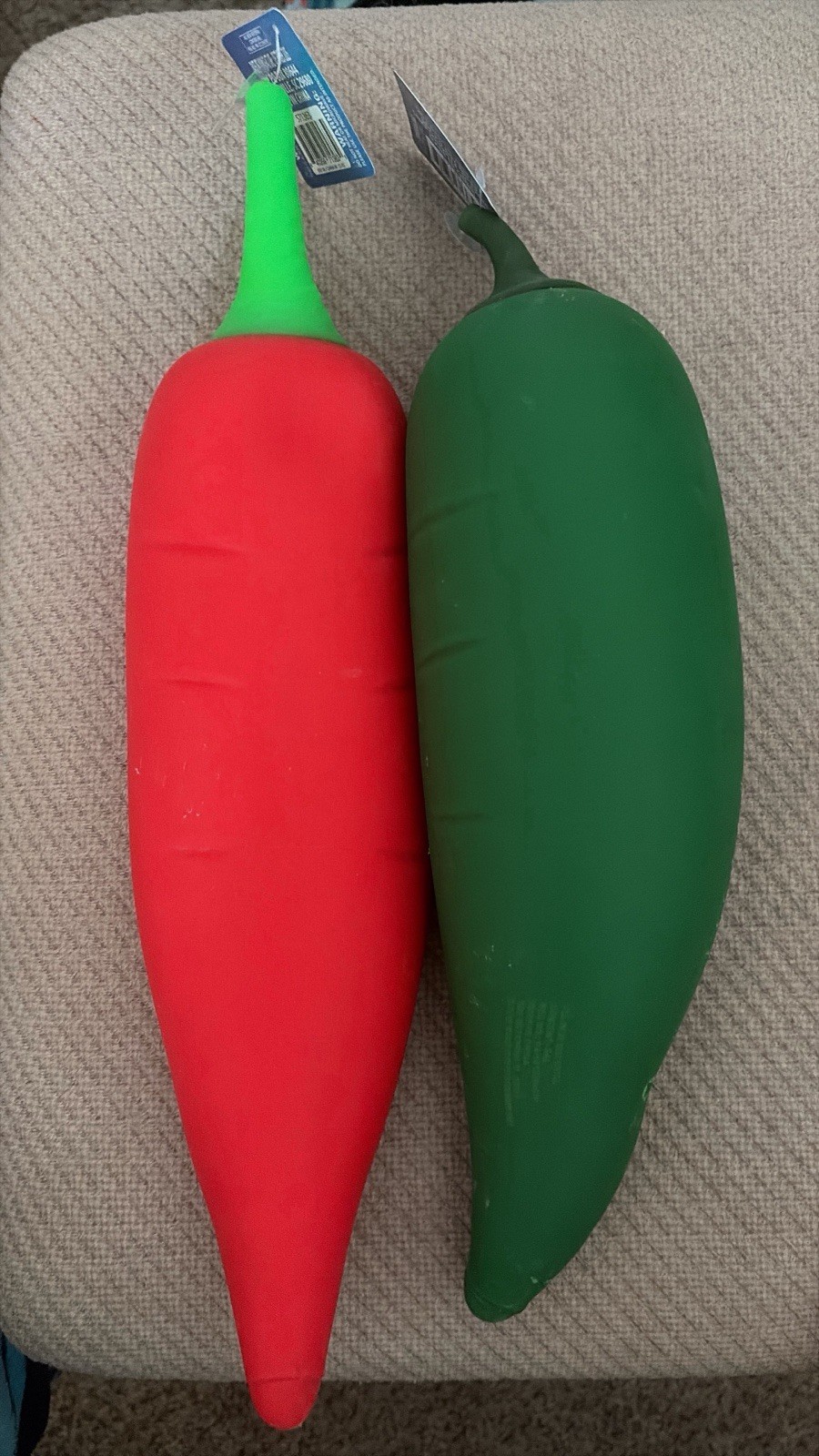Lot of 2 Jumbo Chili Pepper Squeeze Stress Toys. Green and Red