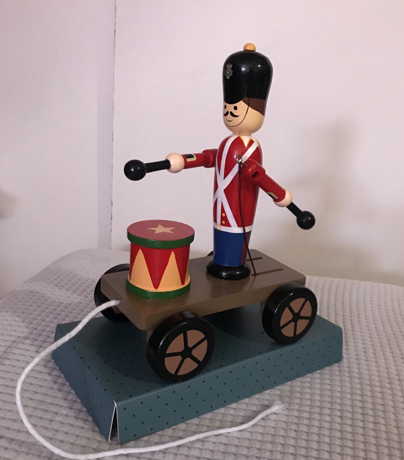 Drumming Soldier On Wheels Handcrafted Wooden Pull-Along Orange Tree Toys 3yrs +