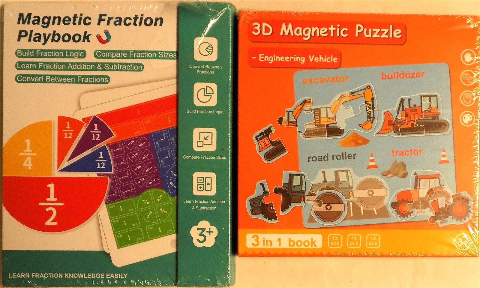 LOT OF 2 Magnetic Puzzle Magnetic Fraction Playbook & 3D Magnetic Puzzle 3 in 1