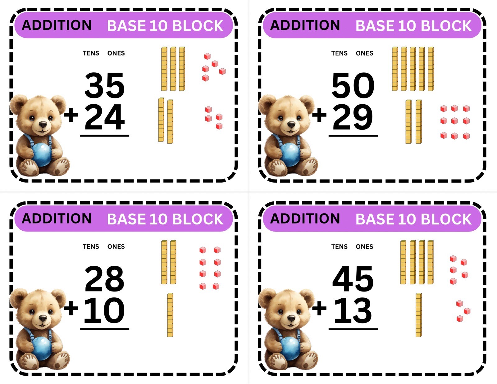 Math Bundle Custom Sets – Base10 – no Regrouping – Laminated Activity (3 Sets)