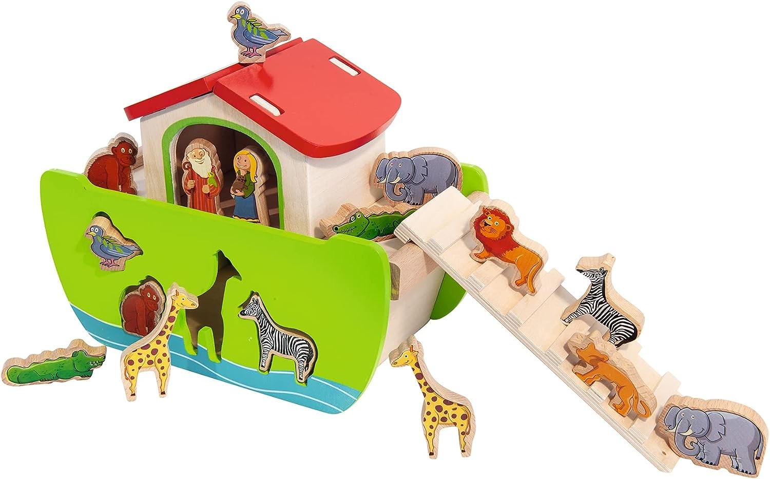 Wooden Noah’s Ark Multi-Colour Shape Sorter Toy with 16 Colourful Animal Shapes