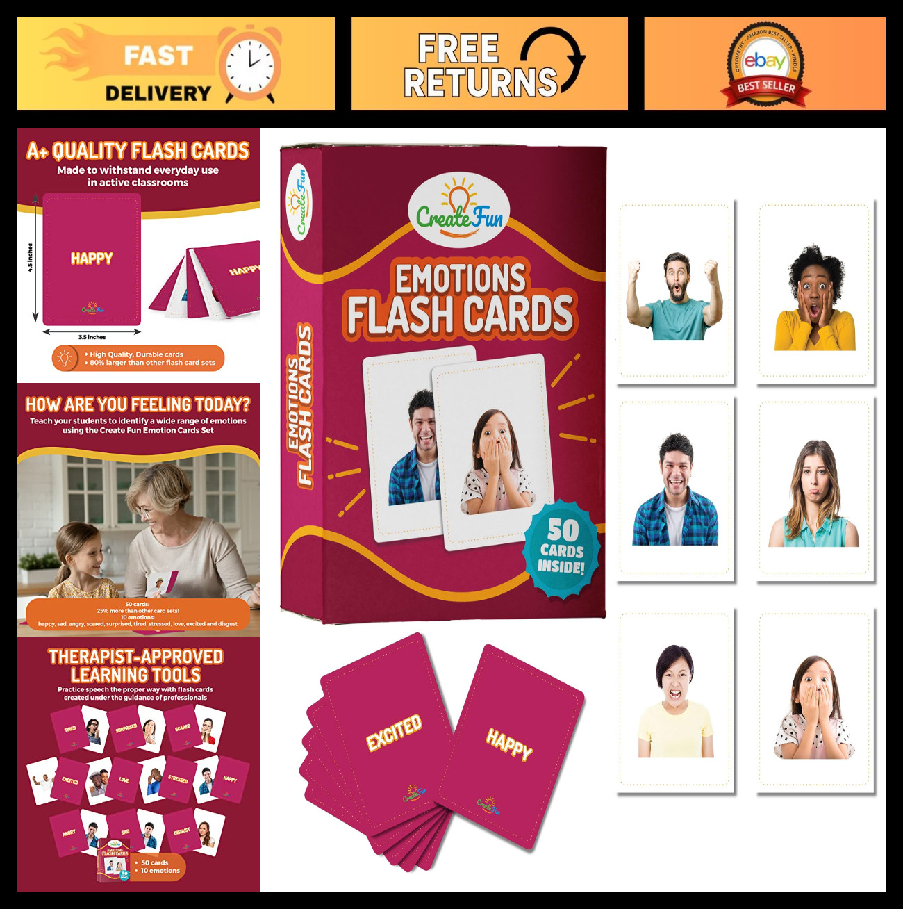50 Emotions Flash Cards – Feelings Photo Cards for Kids, Adults, Therapy & ESL