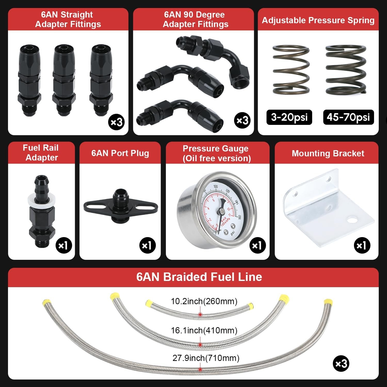 Adjustable Fuel Pressure Regulator Kit 3-70PSI With 6AN Return and 6AN feed Port