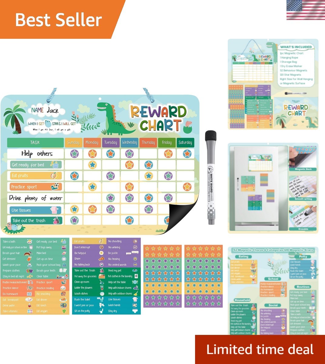 Reward Chart for Kids, Dinosaur Magnetic Behavior Chart for Kids at Home with…