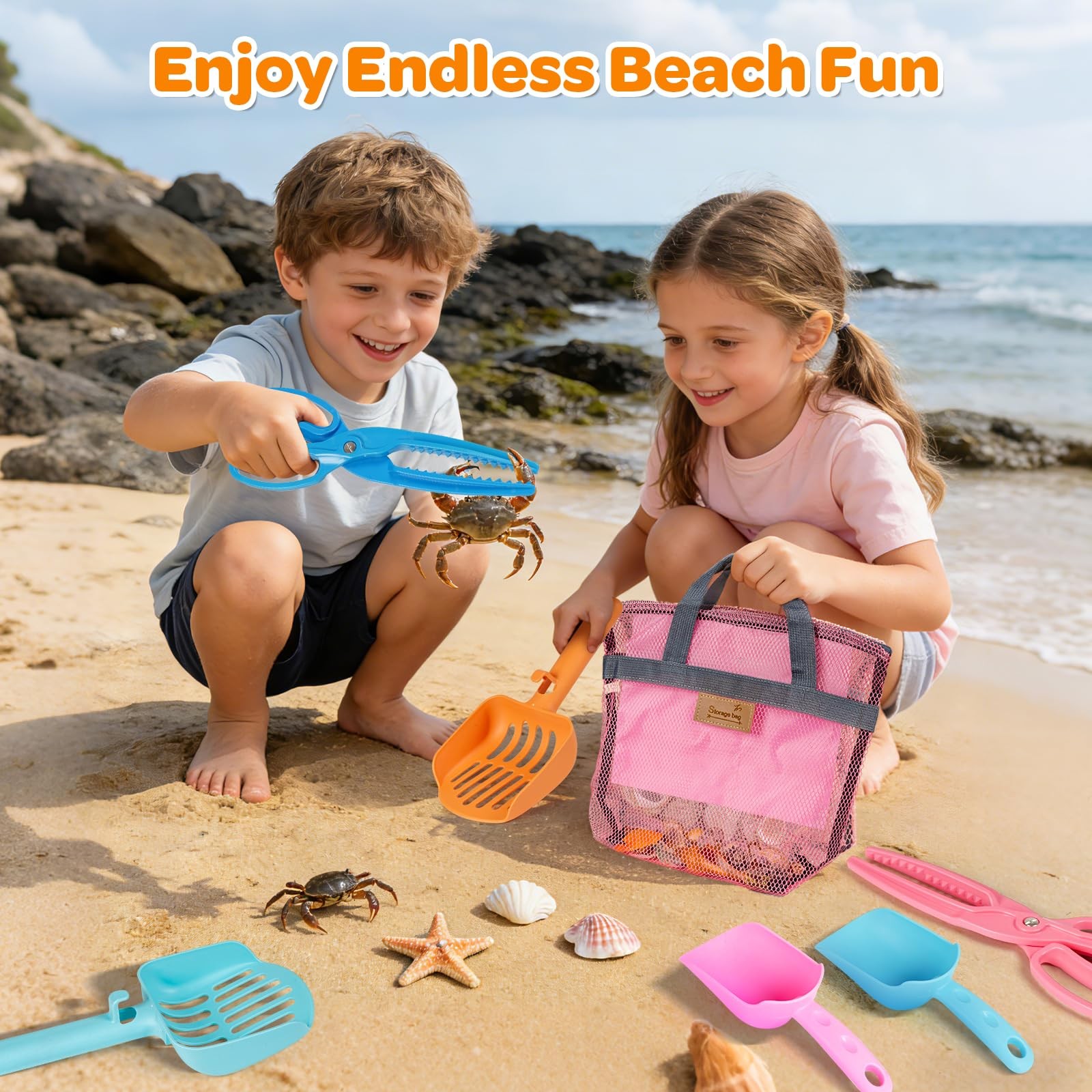 Beach Sand Toy Kids Age 4-8 Sandbox Kits with Mesh Shell Bags, Multicolored