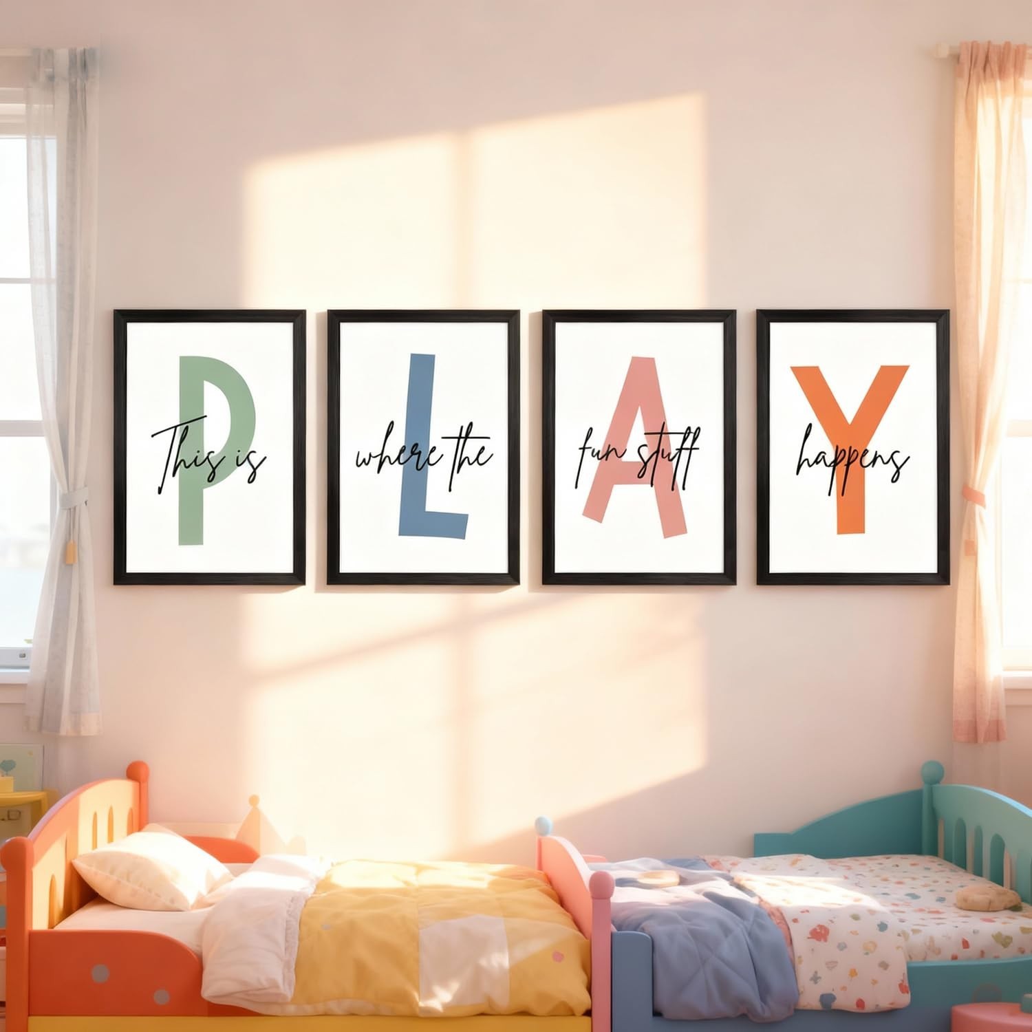 Cute Alphabet Play Framed Wall Art Set of 3, Natural Educational Alphabet Woo…