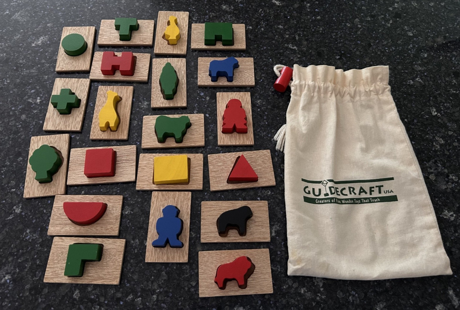 Vintage Guidecraft 3D Feel and Find – Wooden Sensory Matching Game w/Canvas Bag