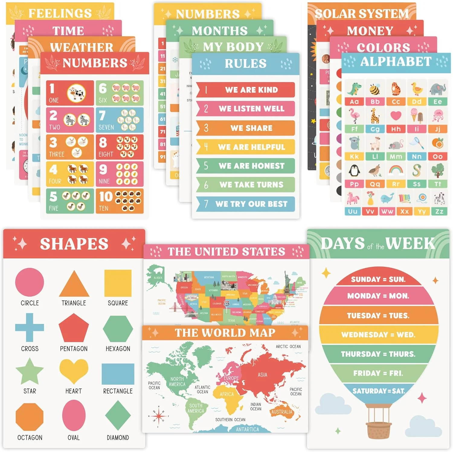 Fun Educational Posters for Toddlers – Set of 16 Easy to Read Learning Posters f