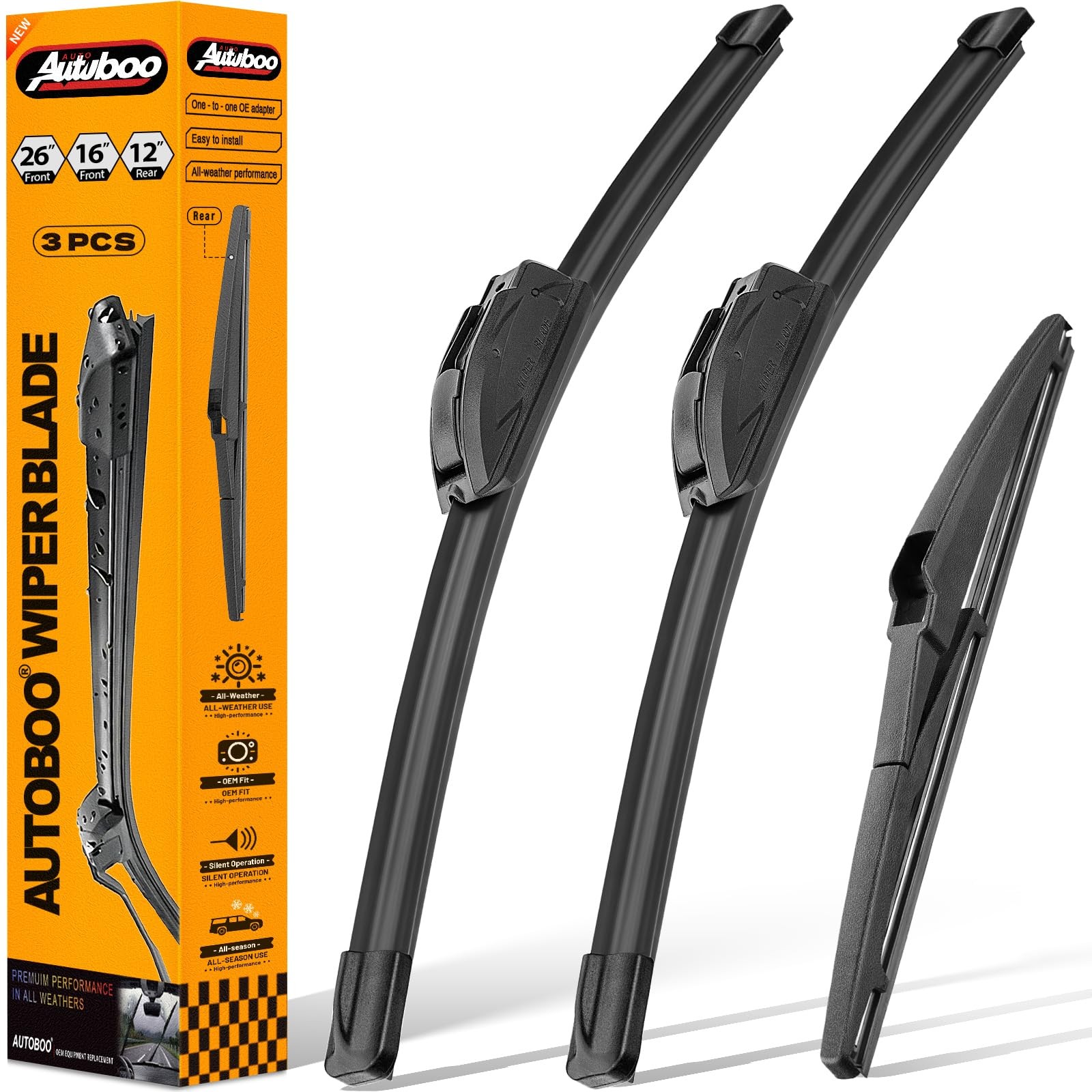 AUTOBOO 26″+16″ Windshield Wipers with 12″ Rear Wiper Blade Replacement for Toyo