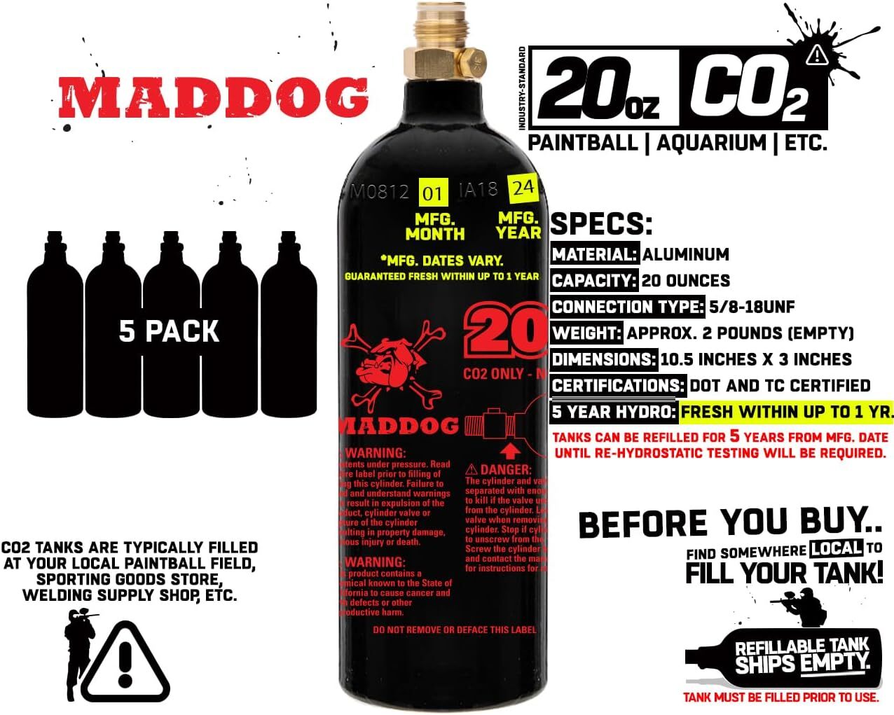 Maddog 20 Oz Refillable Aluminum CO2 Paintball Tank – Ships Empty – 5 Pack
