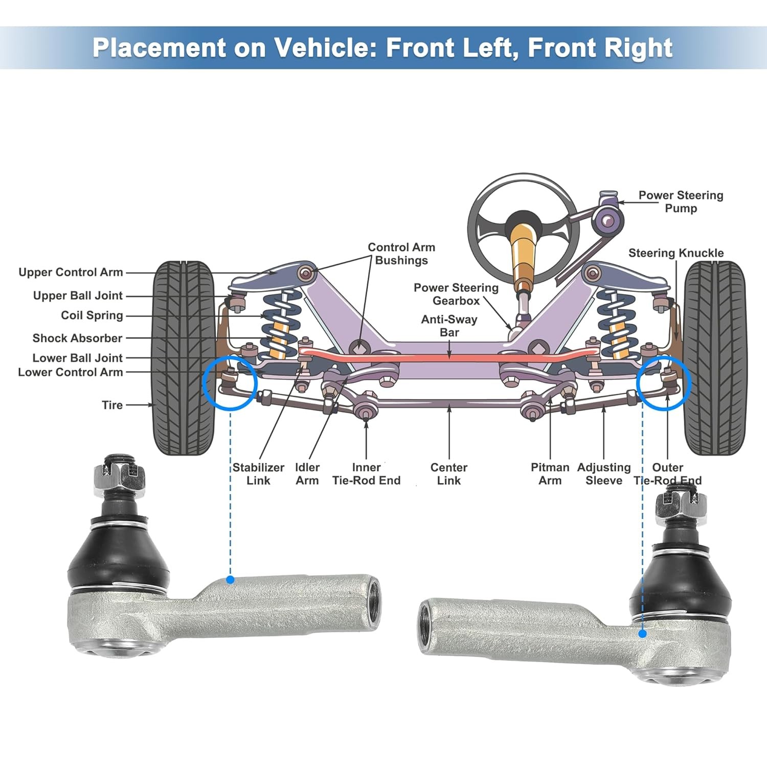 Front Outer Tie Rod End Links Steering Suspension Replacement Parts 2pcs