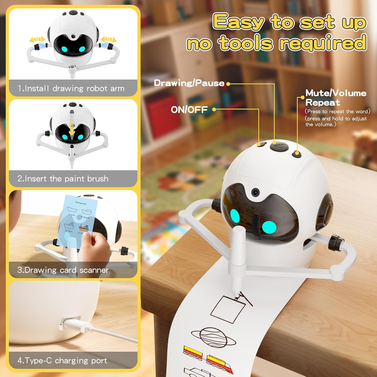 Drawing Robot for Kids, Interactive Educational Toy with 150 Cards, 12 Color Mar