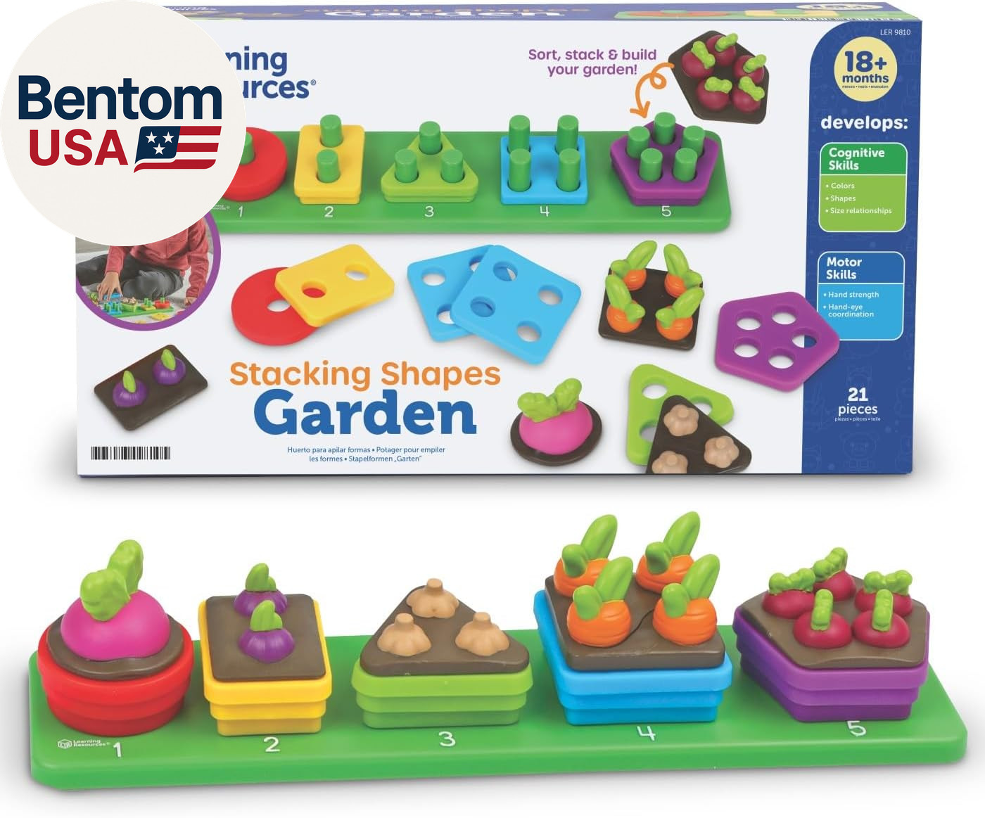 Stacking Shapes Garden, Fine Motor Skills, Stacking and Sorting Puzzle Board, Mo