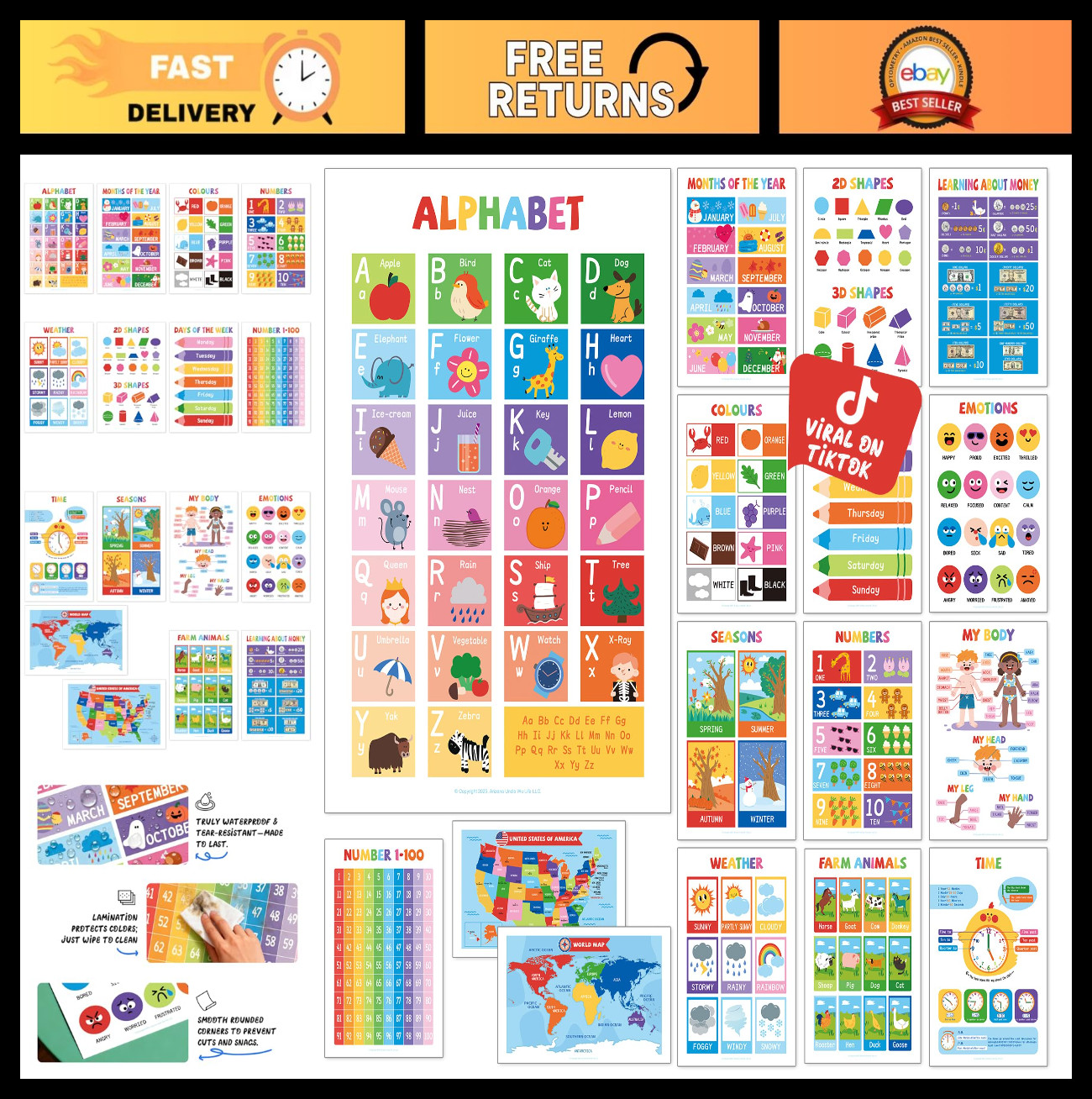 16 Laminated Educational Posters for Kids – ABC, Numbers, Shapes, Colors, Maps –