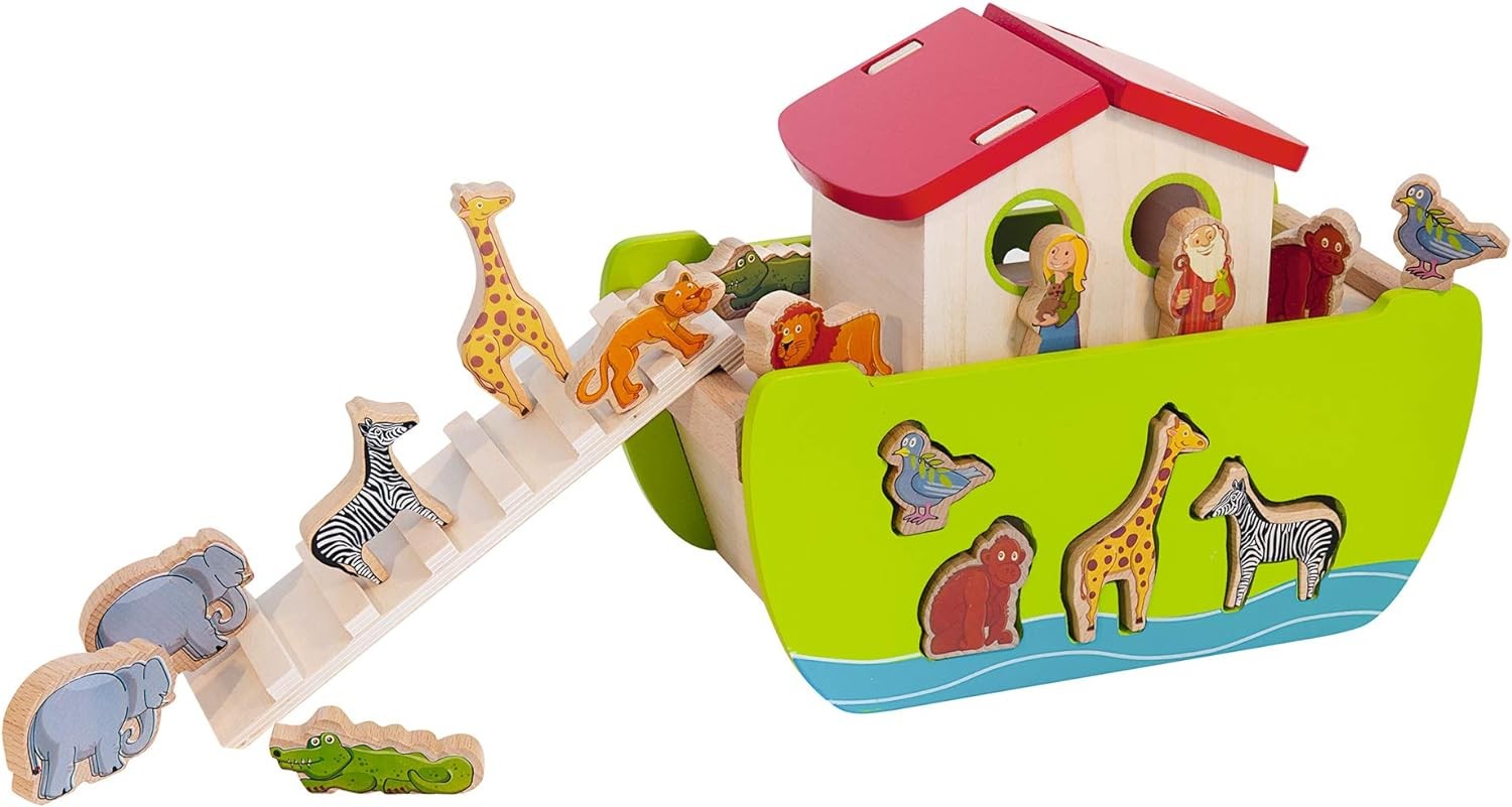 Wooden Noah’s Ark Multi-Colour Shape Sorter Toy with 16 Colourful Animal Shapes