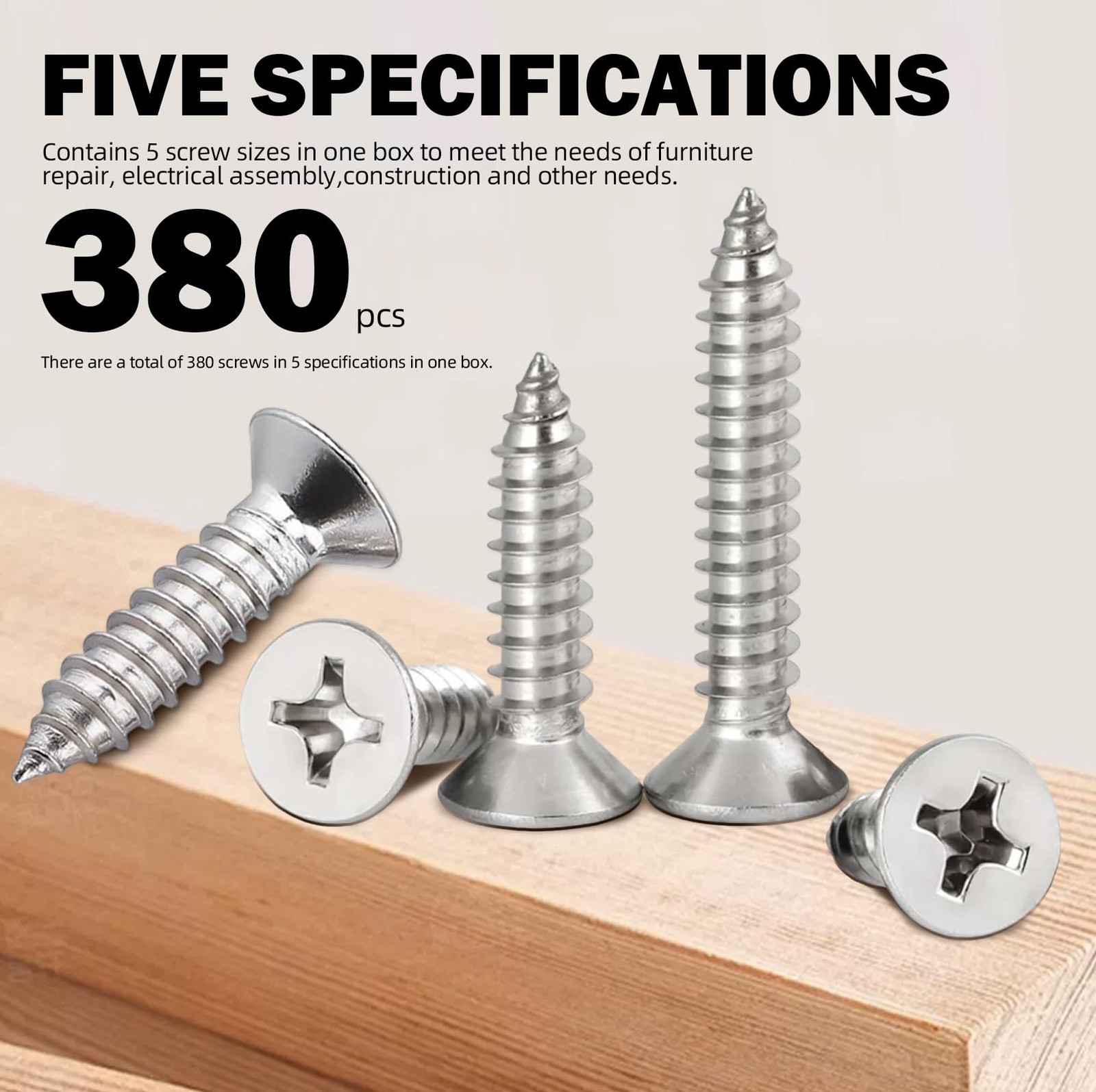 380Pcs #6 Self Tapping Screws Assortment Kit, 304 Stainless Steel Phillips Dr…