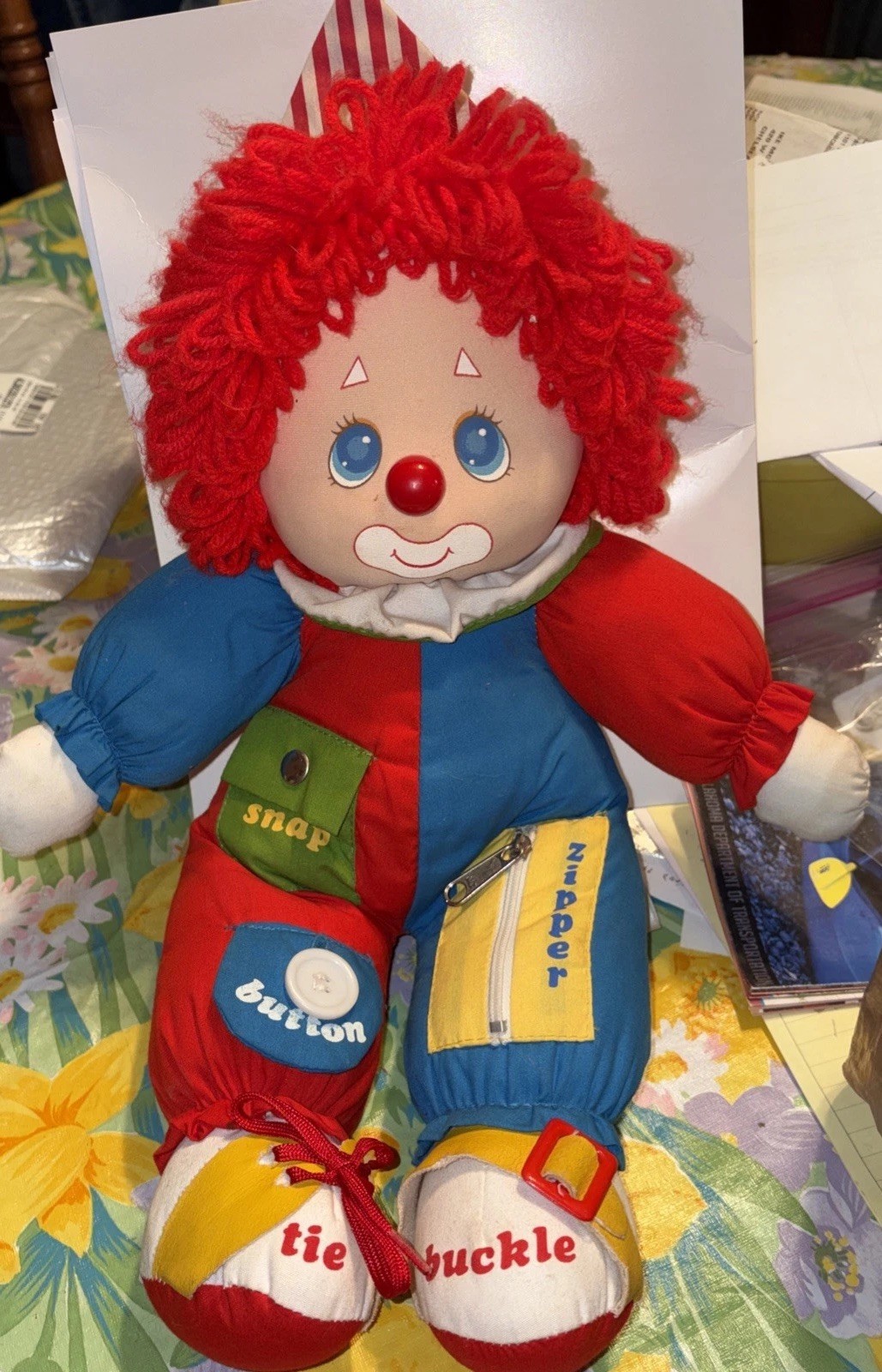 American Greetings Amtoy Clown Doll 1983 Educational Plush Toy Snap Button Zipp…