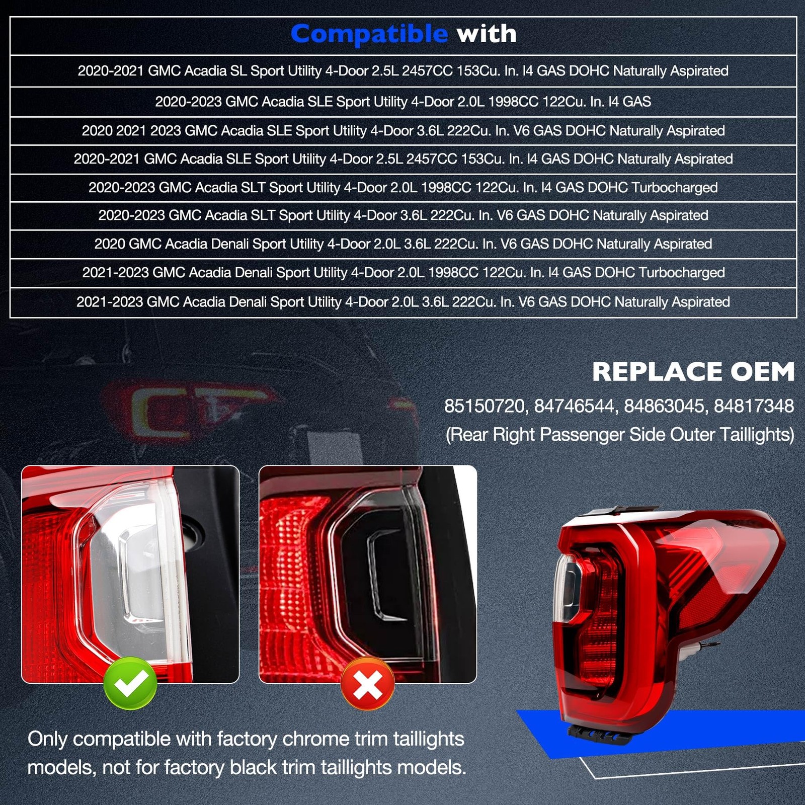 Misakomo LED Tail light Right Compatible with 2020-2023 GMC Acadia SL SLE SLT