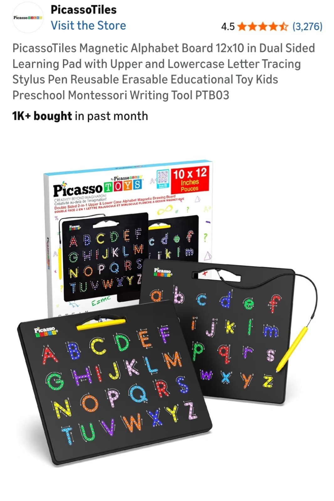 PicassoTiles Magnetic Alphabet Board 12×10 Dual Sided Learning Pad Educational