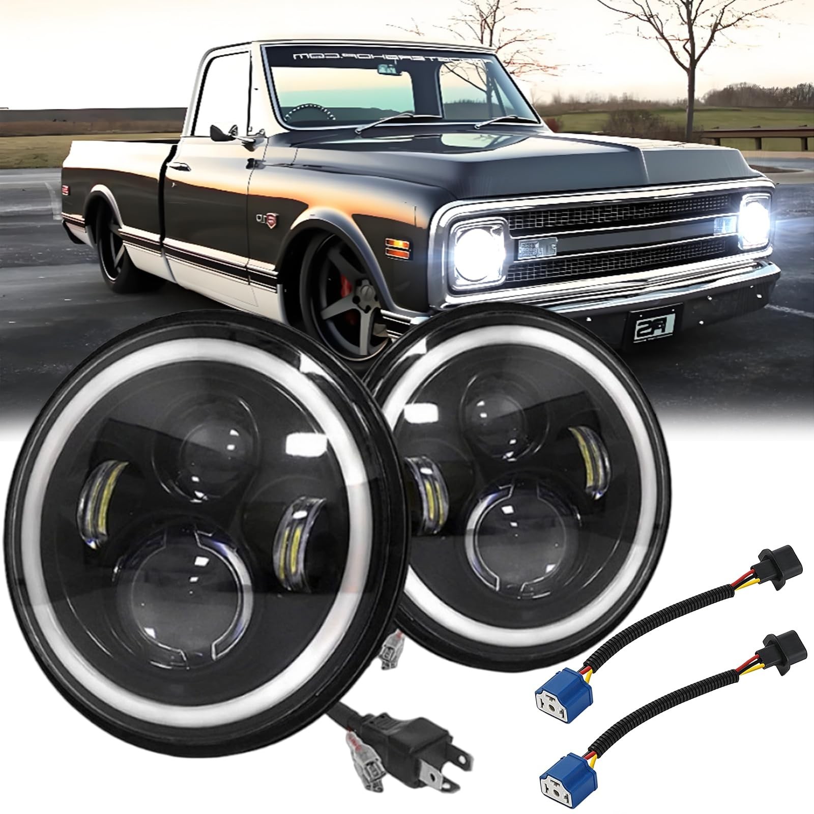 Fit for Ford Bronco 1966-1978,H6024 7 Inch Round LED Halo Headlights Amber Tu…