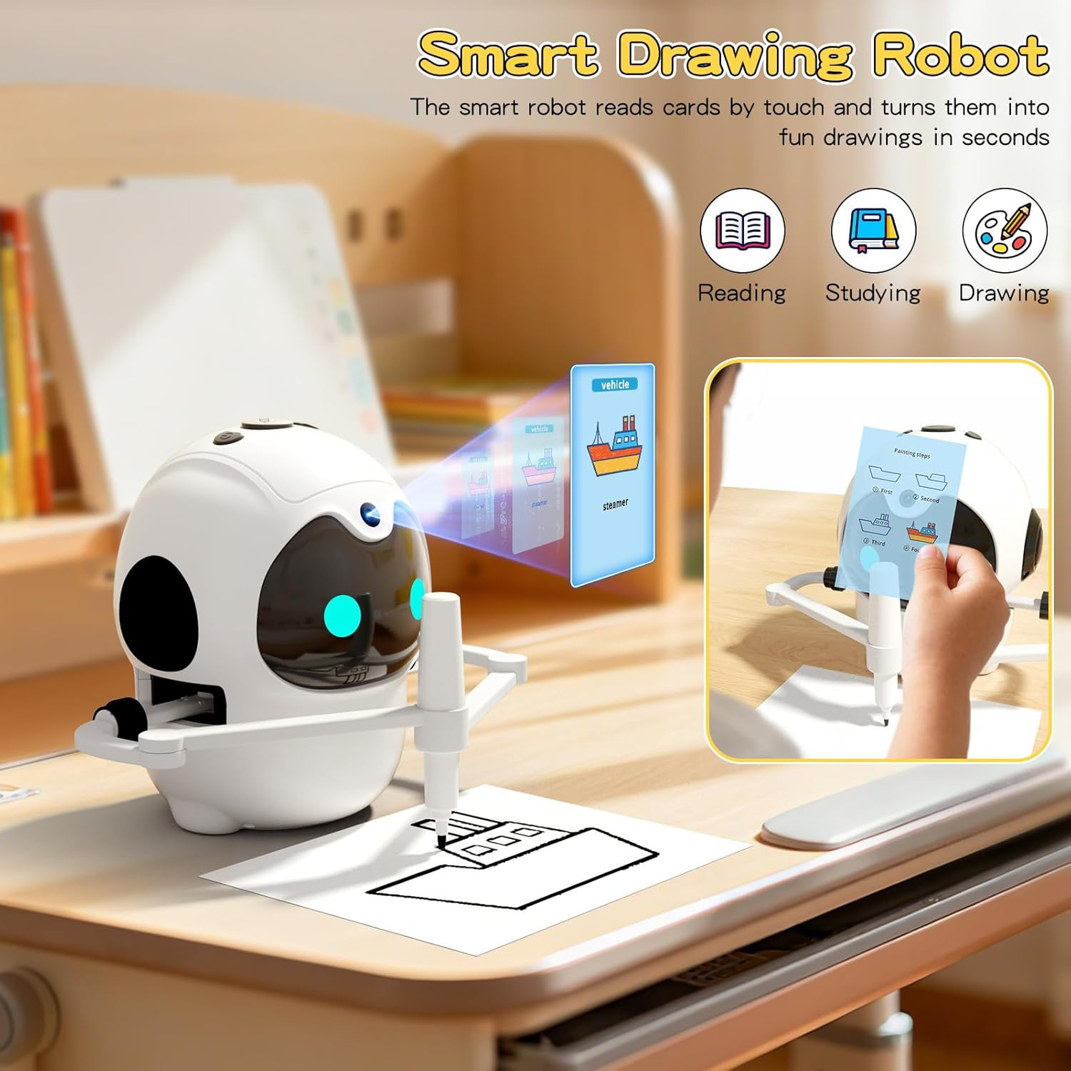 Drawing Robot for Kids, Interactive Educational Toy with 150 Cards, 12 Color Mar