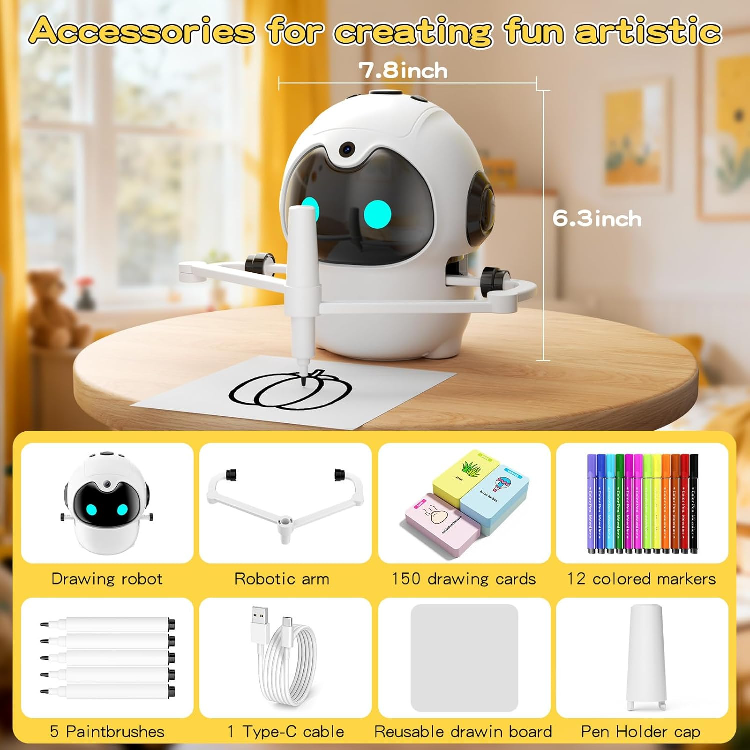 Drawing Robot for Kids, Interactive Educational Toy with 150 Cards, 12 Color Mar