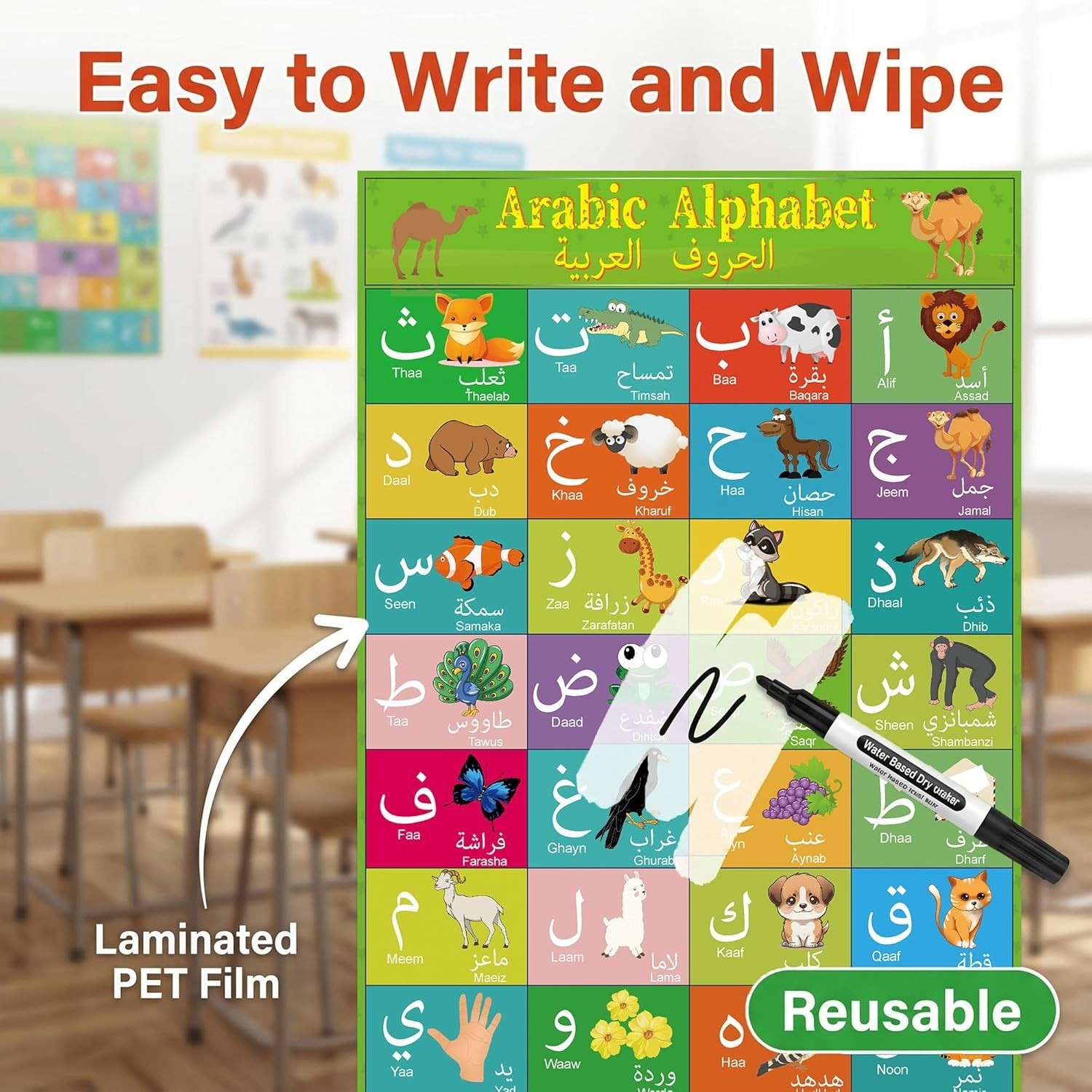 Colorful Arabic Alphabet Learning Poster for Toddlers – Perfect Classroom Decor