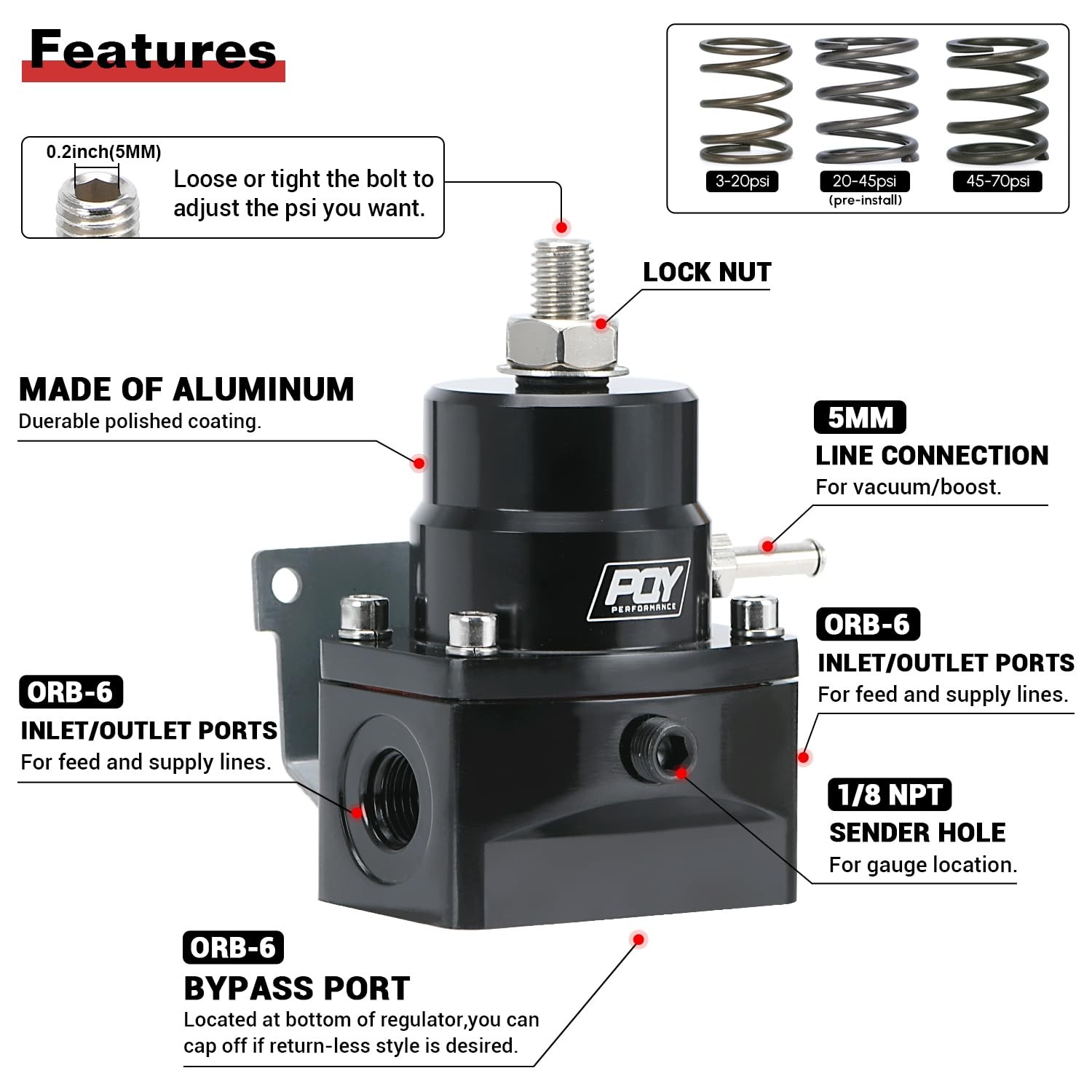 Adjustable Fuel Pressure Regulator Kit 3-70PSI With 6AN Return and 6AN feed Port